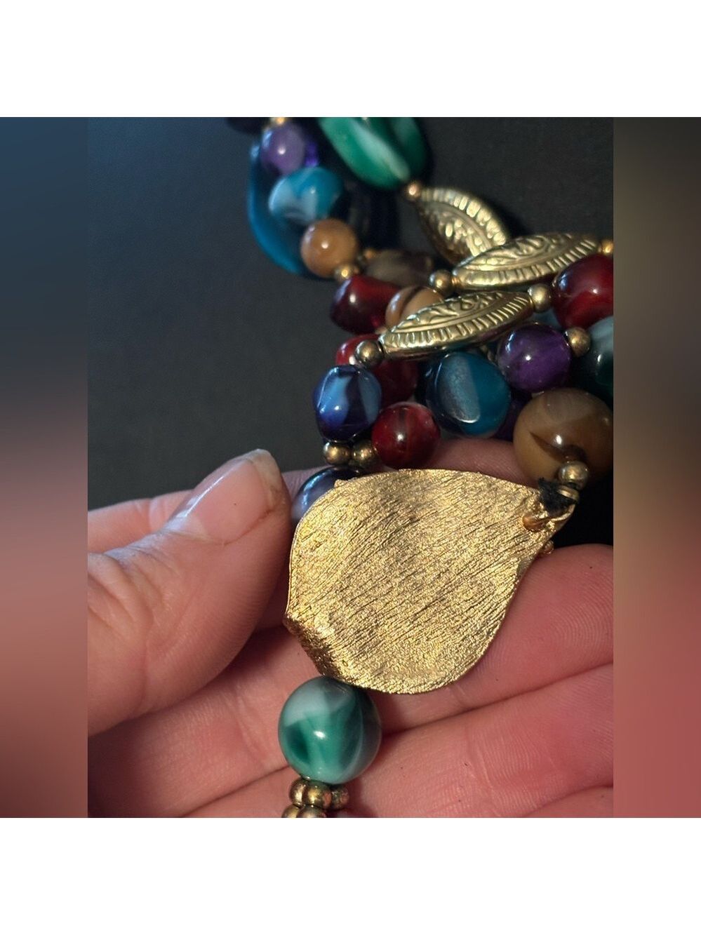VINTAGE Genuine Lucite Statement Necklace • Gold Leaf Drop • Colorful Boho Luxe - Picture 8 of 16